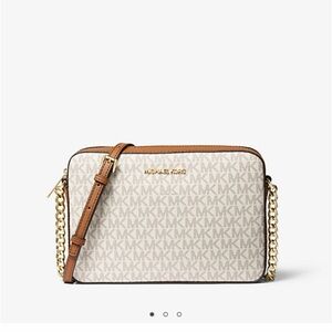 NWT Jet Set Large Cream and Brown Printed Logo Crossbody Bag with Gold chain.